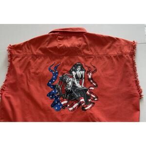 Men's 3XL Biker Motorcycle Pin Up Frayed Cotton Heritage Button up Orange Shirt